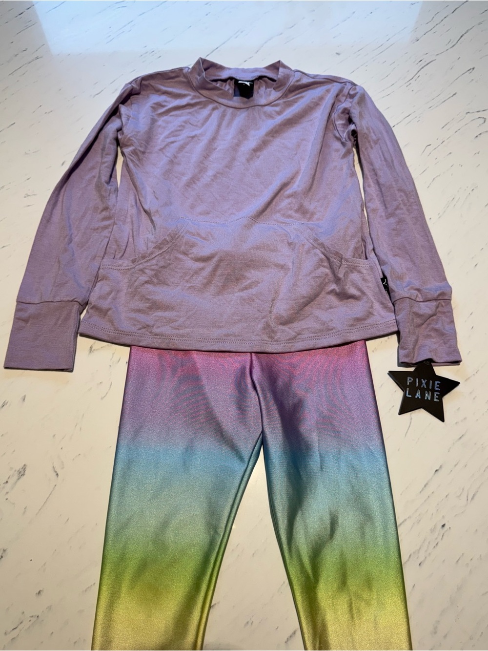 Pixielane Lavender Long Sleeve Pocket Tee & Rainbow Ombre High Shine Leggings